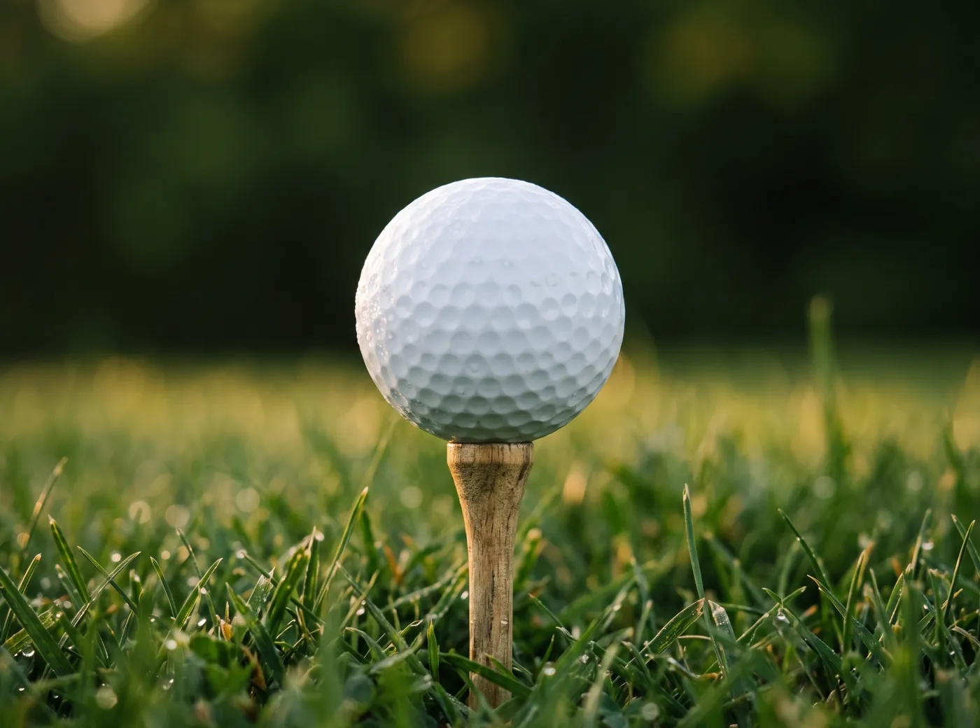 A white golf ball on a wooden tee in dewy grass at first light