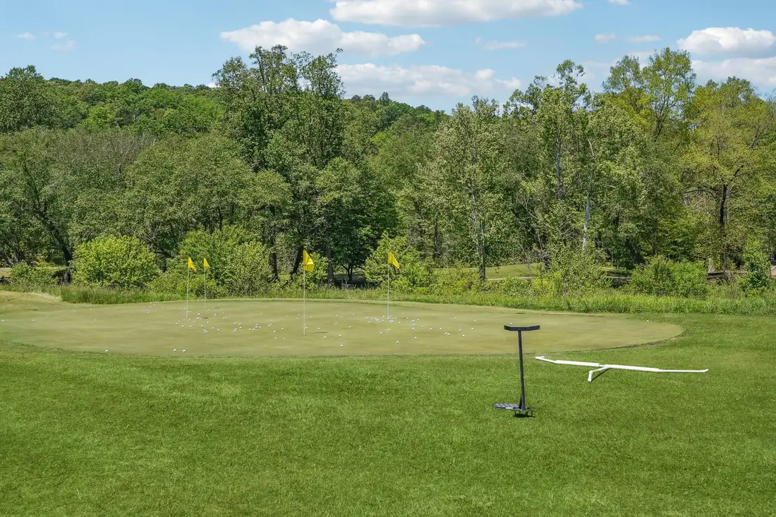 A putting green with yellow flags beside a mown fairway and leafy hardwoods under a blue sky with clouds