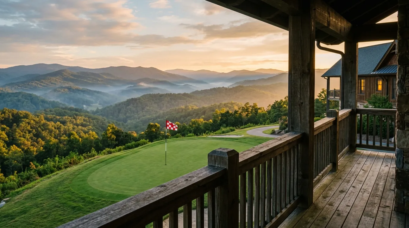 A manicured golf green with a flagstick overlooks misty, forested mountains, framed by the wooden balcony of an adjacent hillside residence