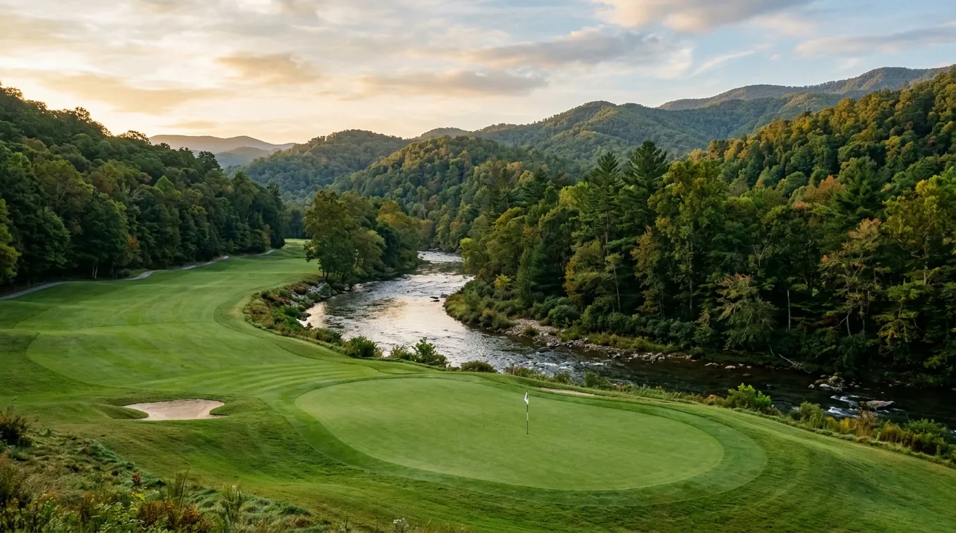 A pristine golf green beside a winding mountain river, framed by rolling, forest-covered hills under soft morning light