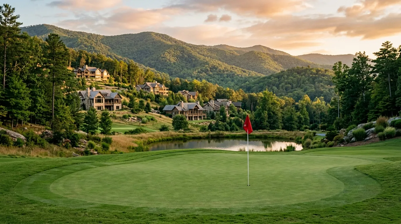 A manicured golf green and pin, positioned in front of luxury hillside homes surrounded by rolling, forested mountain peaks