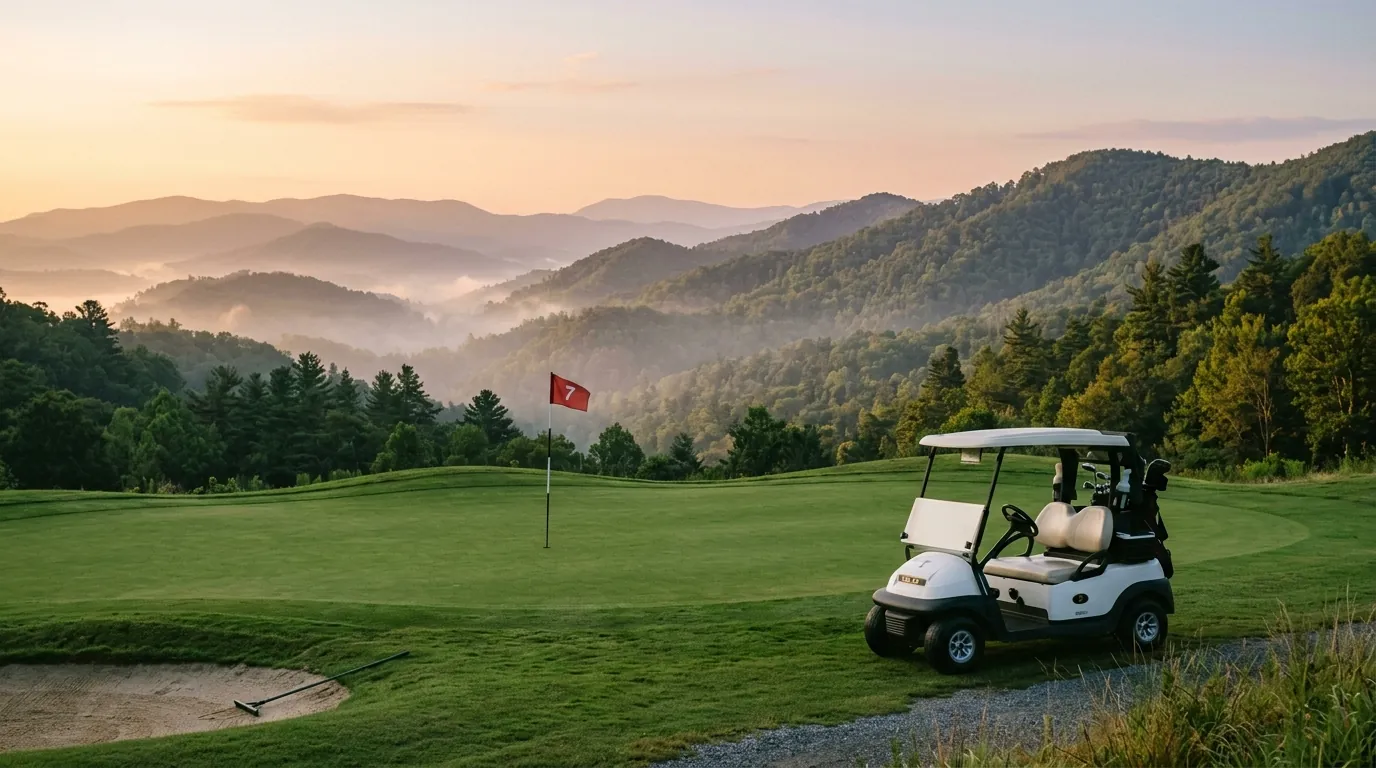 A golf cart sits near a flagstick on a manicured fairway, overlooking mist-covered, rolling mountain ridges lined with evergreen trees