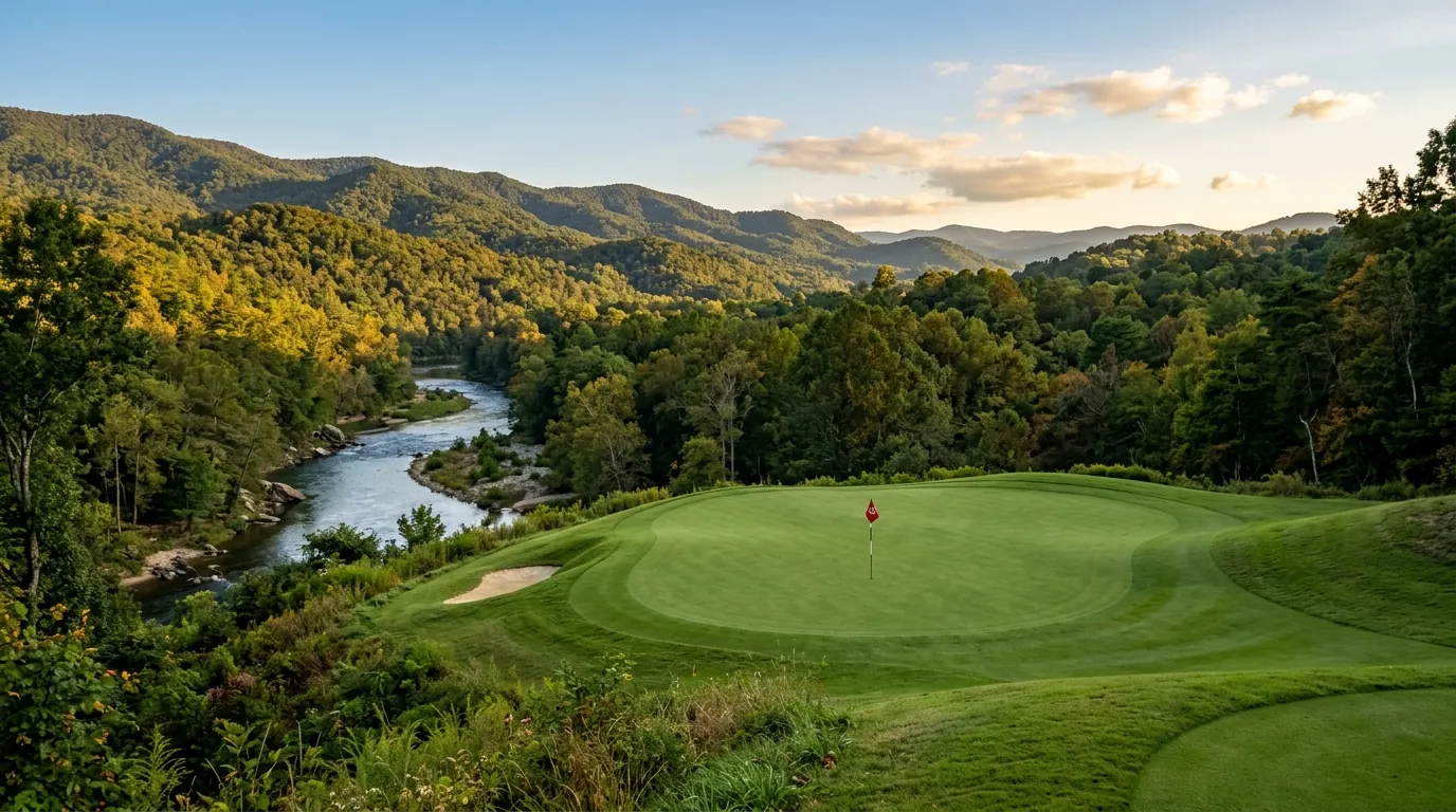 A golf green with a pin flag bordered by rolling forested hills under an afternoon sky