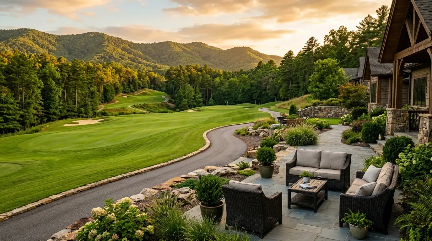 A manicured backyard patio bordering a lush golf course fairway, separated by a winding paved cart path beneath pine-covered rolling hills