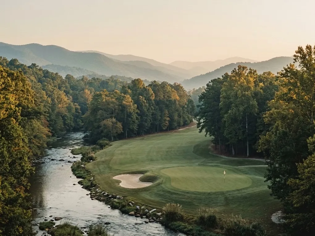 A mountain golf hole beside a river in the North Georgia foothills