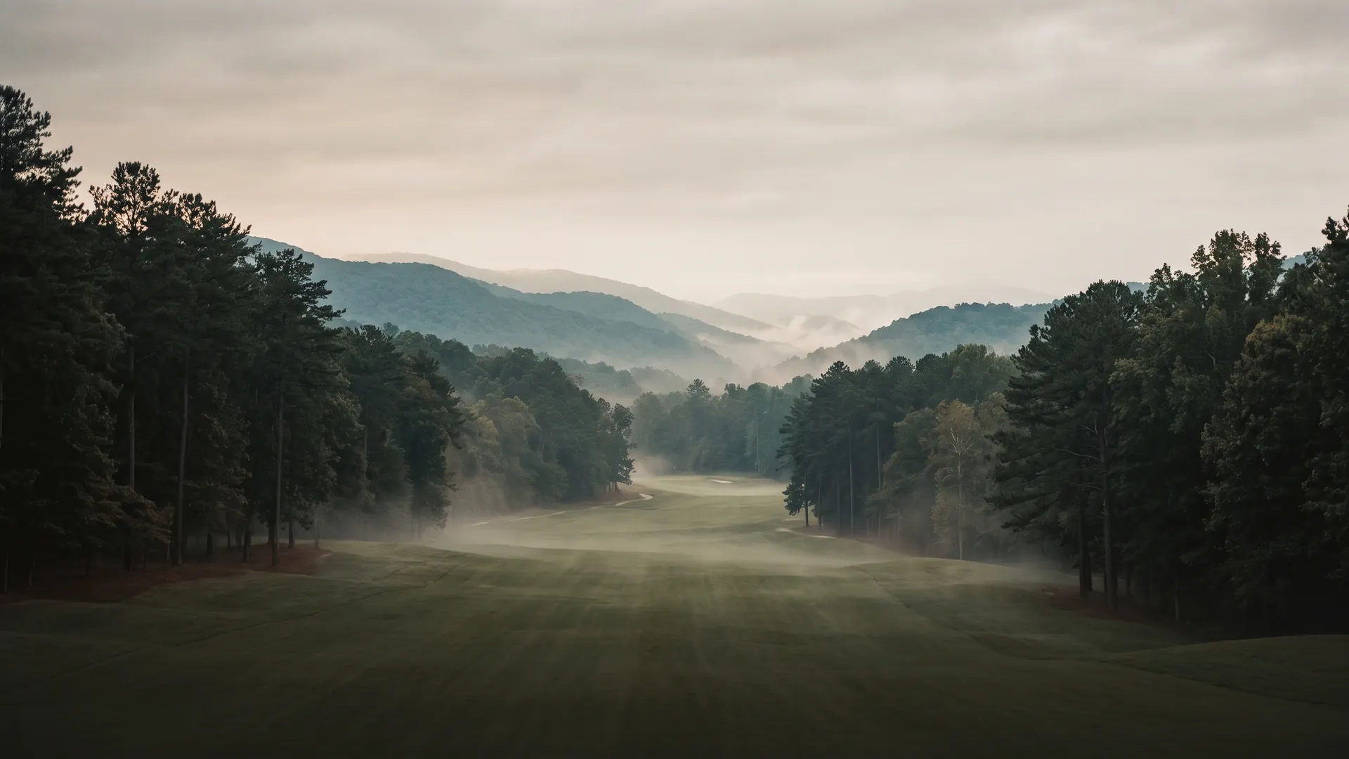 Fog drifting across a tree-lined golf fairway at dawn in the North Georgia mountains