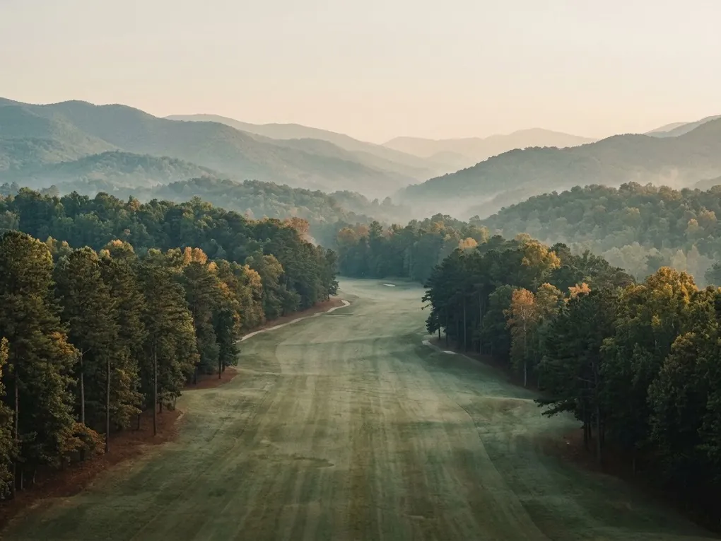 An elevated view of a mountain golf fairway among autumn hardwoods