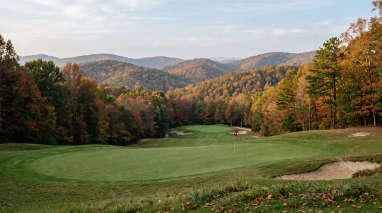 A golf putting green with a flagstick beside a fairway, backed by rolling, forested North Georgia foothills in mixed autumn color
